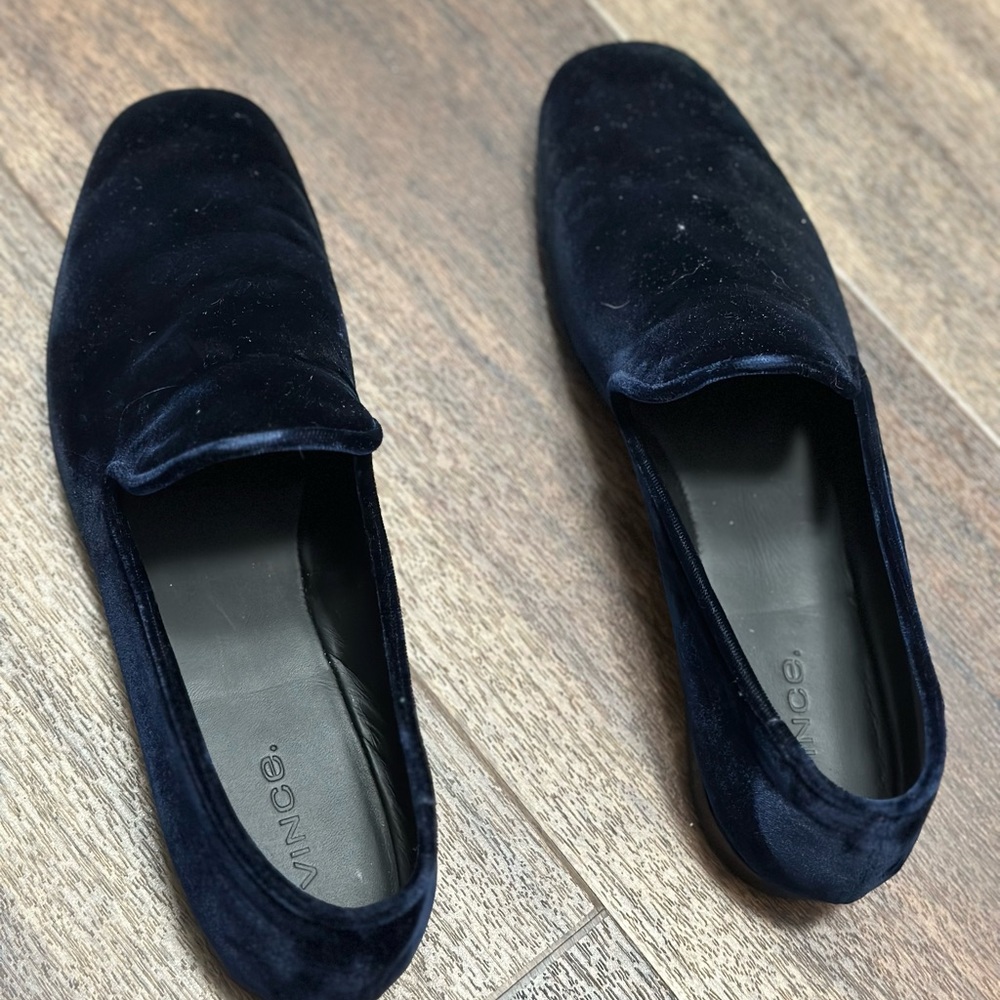 Suede / velvet navy vince loafers. Resoled for longer use!